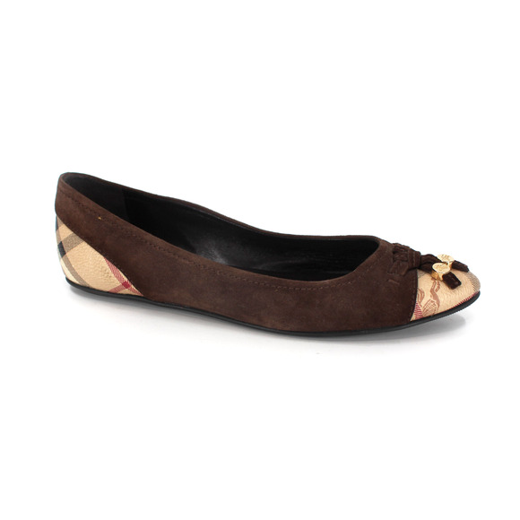 Burberry Suede Nova Check Flats Brown Pebbled Leather Charm Cap Toe Size 37 - Picture 1 of 7